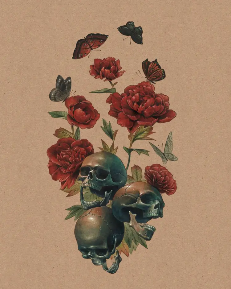 Skull, Rose, Nature, Flower