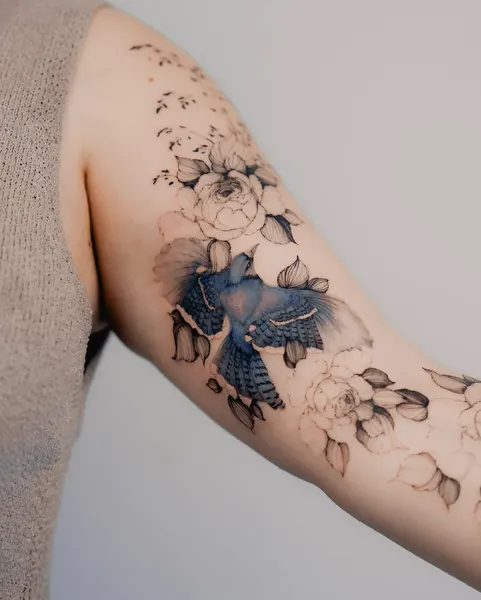 Flower, Rose, 지도, 그래픽, 비대칭, 슬리브, 커버업, 판타지, 오리엔탈, 이레즈미, 하프슬리브, 큰 타투, 배경, 실루엣, 꽃 배경