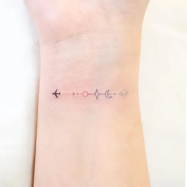 선, 좌표, 비행기, 여행 타투, 미니멀 레터링
