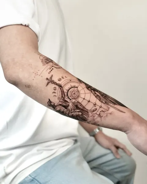 멘디, Geometric, 펜, 그래픽, 커버업, 오리엔탈, 케르베로스, 큰 타투, 나선, 슬리브, 해부학