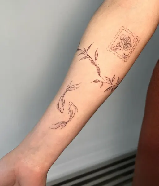 Flower, 비대칭, 리본, 바람, 실루엣, 오리엔탈, 플래시 타투