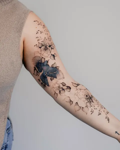Flower, Rose, 지도, 그래픽, 비대칭, 슬리브, 커버업, 판타지, 오리엔탈, 이레즈미, 하프슬리브, 큰 타투, 배경, 실루엣, 꽃 배경