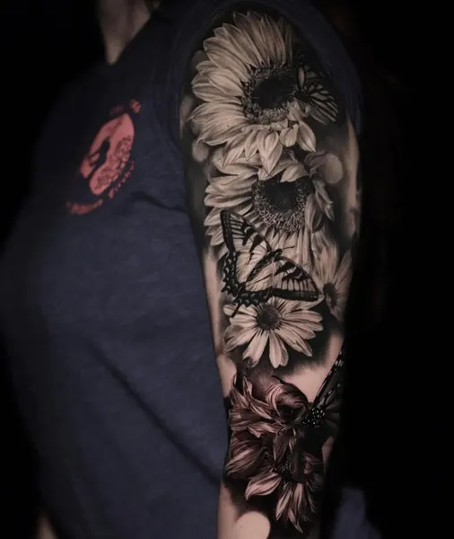 Flower, 수국, 큰 타투, 슬리브, 하프슬리브