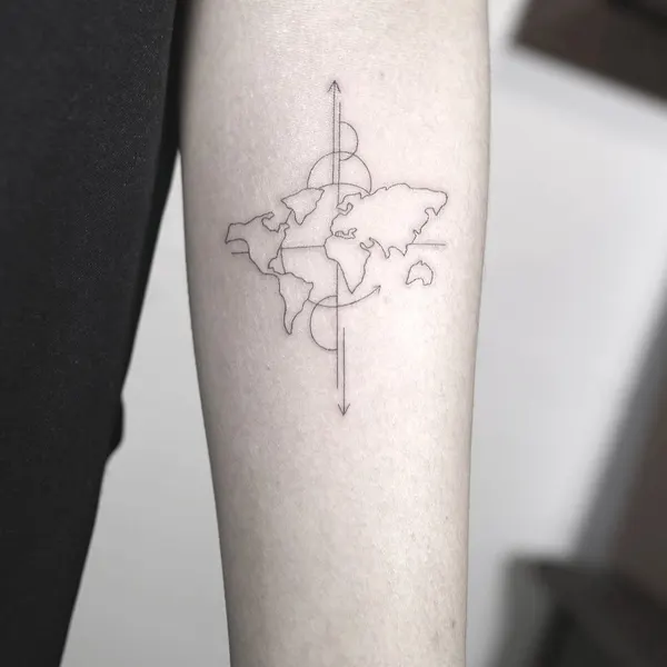 Flower, 지도, 기념 타투, 지구본, 테두리, 여행 타투