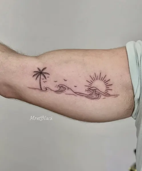 바람, 사막, 섬, 그래픽, 민들레, 실루엣, 야자수, 나뭇가지, 커스텀 타투, 단풍잎, 데이지, 비대칭, 큰 타투, Nature