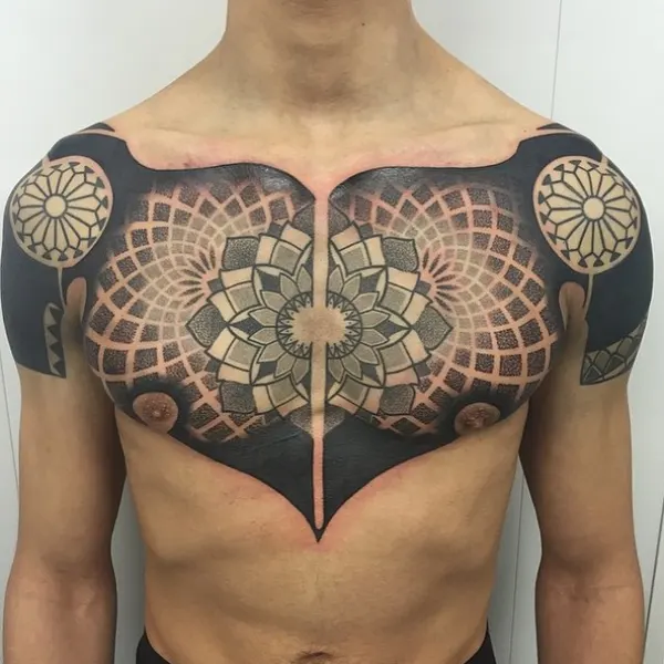 대칭, 가슴 타투, 사찰 문양, 연꽃 문양, 한국 문양, 대칭 디자인, 패치워크, 만다라 문양, 심장 해부도