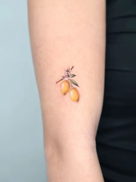 Flower, 과일, 석류, 덩굴, 레몬, 매화, 체리, 포도, 무당벌레, 올리브 가지, 허브, 초소형 타투, 작은 타투