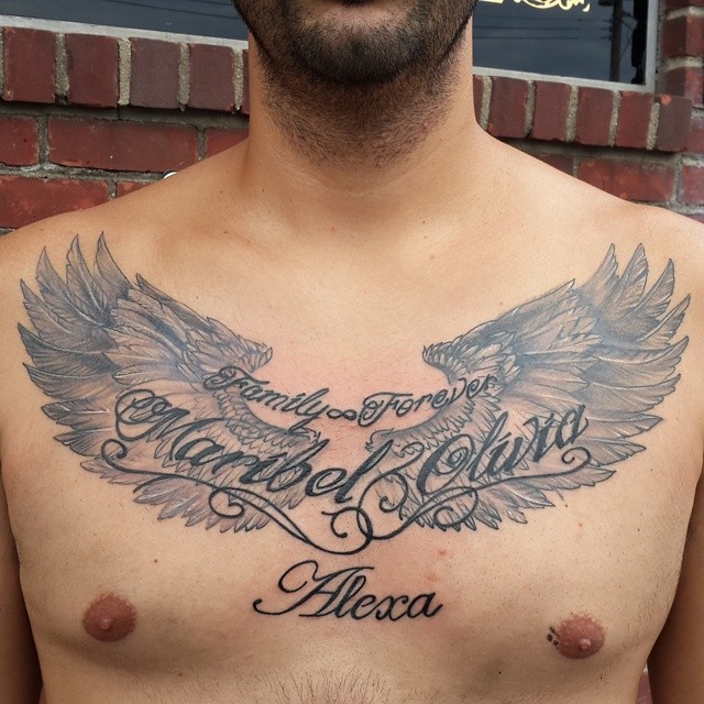 Lettering, 가슴 타투, 천사 날개, 추모 타투