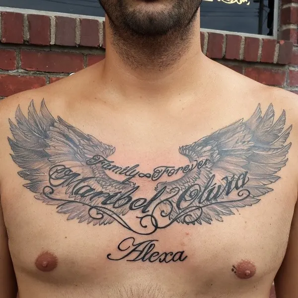 Lettering, 가슴 타투, 천사 날개, 추모 타투