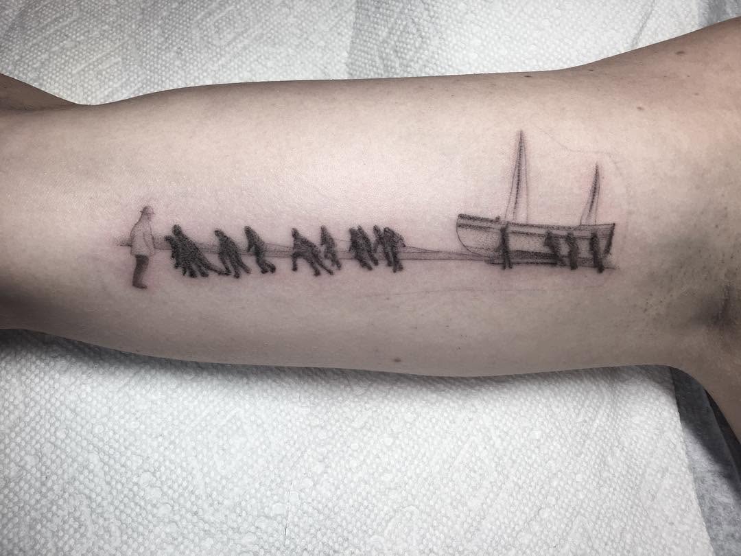 강, Lettering, 배, 여행 타투, 다리