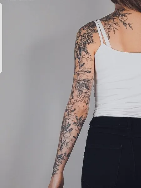 Lettering, Flower, 슬리브, 커버업, 하프슬리브, 큰 타투, 보디수트